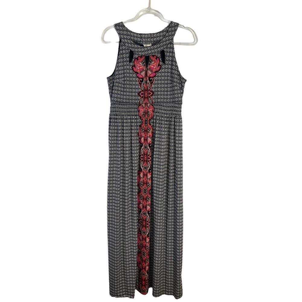 Soma Black White Printed Pink Floral Maxi Dress Soft Comfy Stretch Size Medium